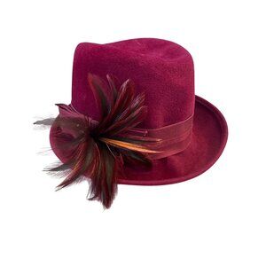 Ken Blair Vtg Burgundy Wool Feather-Decorated Fedora Hat With Ribbon Band XS